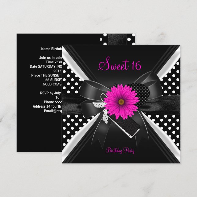 Sweet 16 Birthday Polka Dot Black White Rosa Inbjudningar (Fram/baksida)