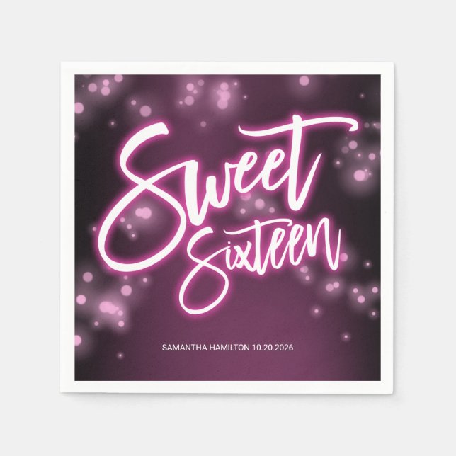 Sweet 16 Birthday Shock rosa Neon Glow Effect Part Pappersservett (Framsidan)