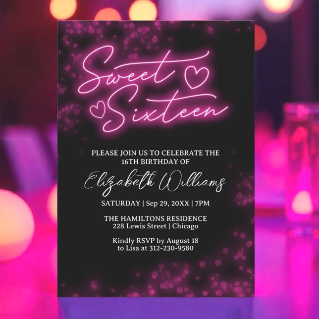 Sweet 16 Birthday Shock rosa Neon Glow Mörk Party Inbjudningar (Skapare uppladdad)