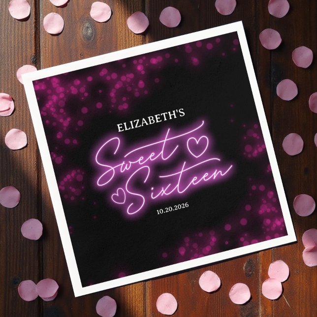 Sweet 16 Birthday Shock rosa Neon Glow Mörk Party Pappersservett (Skapare uppladdad)