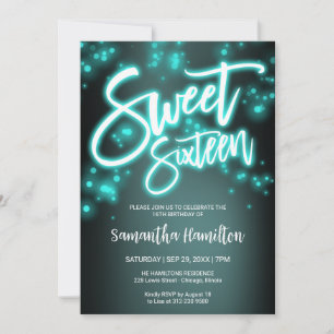 Sweet 16 Birthday Teal Neon Glow Mörk Party Inbjudningar