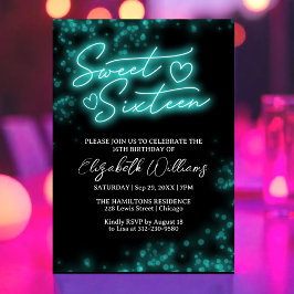 Sweet 16 Birthday Teal Neon Glow Mörk Party Inbjudningar