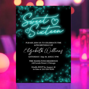 Sweet 16 Birthday Teal Neon Glow Mörk Party Inbjudningar