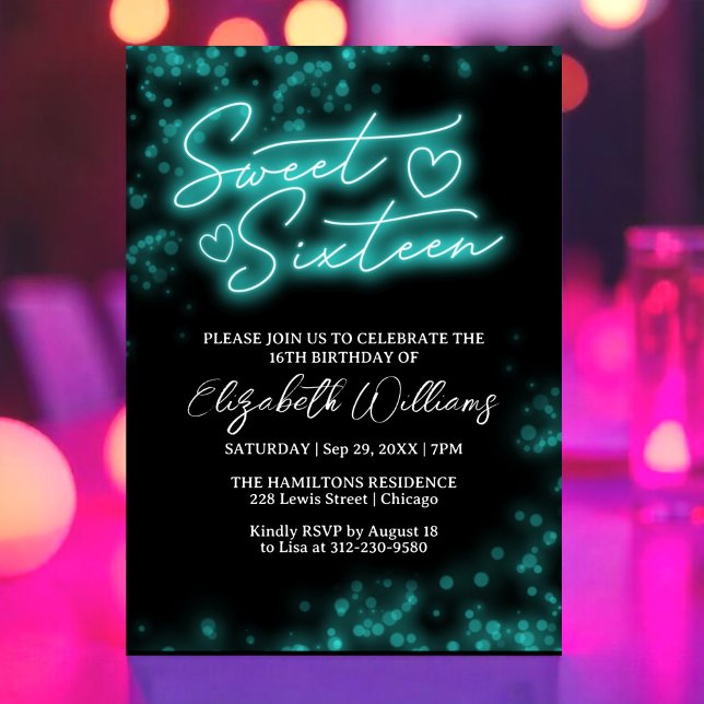Sweet 16 Birthday Teal Neon Glow Mörk Party Inbjudningar (Skapare uppladdad)