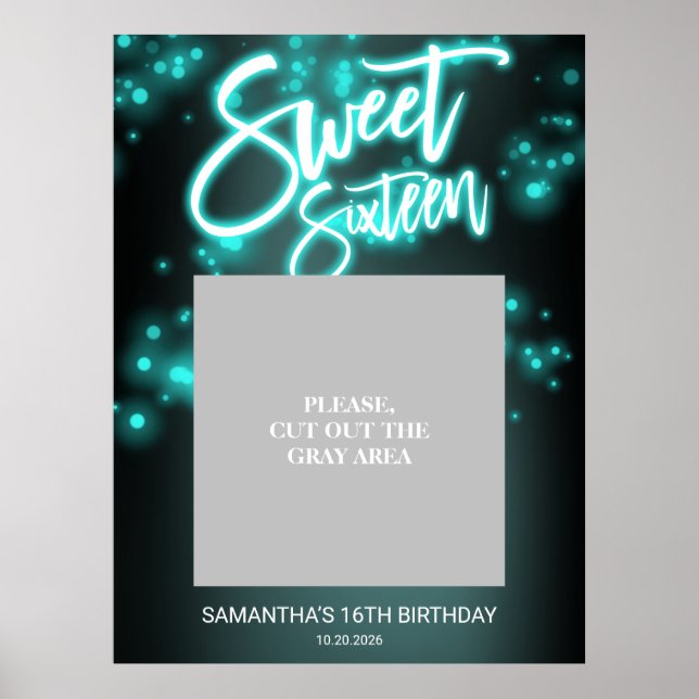Sweet 16 Birthday Teal Neon Glow Mörk Party Po Poster (Framsidan)