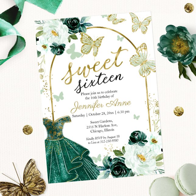 Sweet 16 Blommigt Dress Butterfly Emerald Grönt Inbjudningar (Skapare uppladdad)