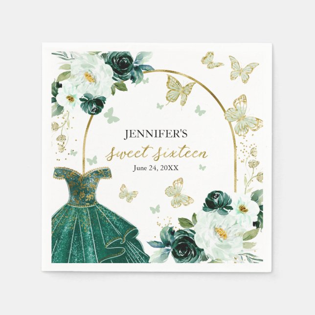 Sweet 16 Blommigt Emerald Grönt Dress Butterfly Pappersservett (Framsidan)