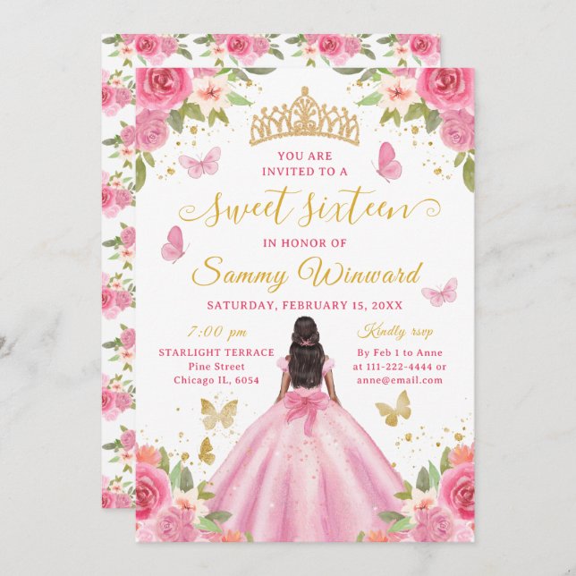 Sweet 16 Blush Pink Princess African American Girl Inbjudningar (Fram/baksida)