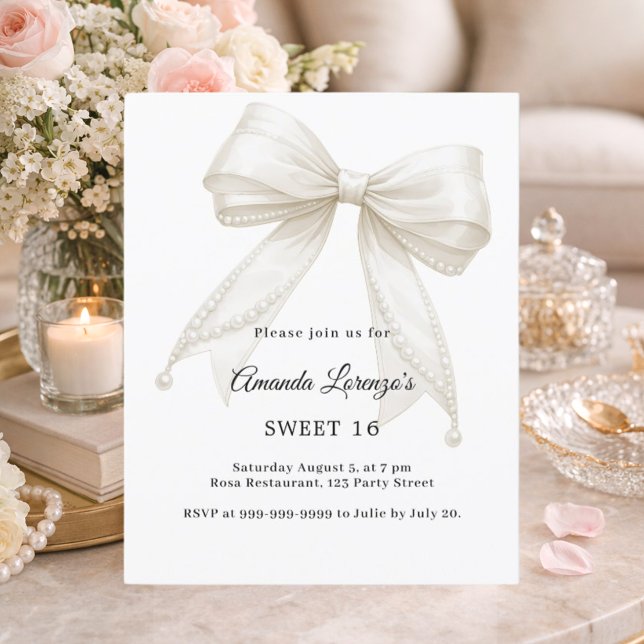 Sweet 16 bow ivory white pearls elegant invitation (Skapare uppladdad)