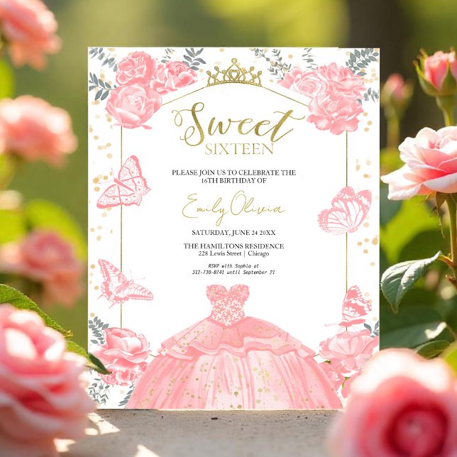 Sweet 16 Budget Inbjudan Fjäril Rosa Klänning (Skapare uppladdad)