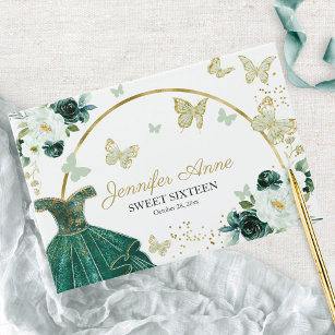 Sweet 16 Butterfly Flowers Emerald Grönt Dress Gästböcker