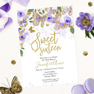 Sweet 16 Butterfly-inbjudan Lila Blommigt Guld Inbjudningar