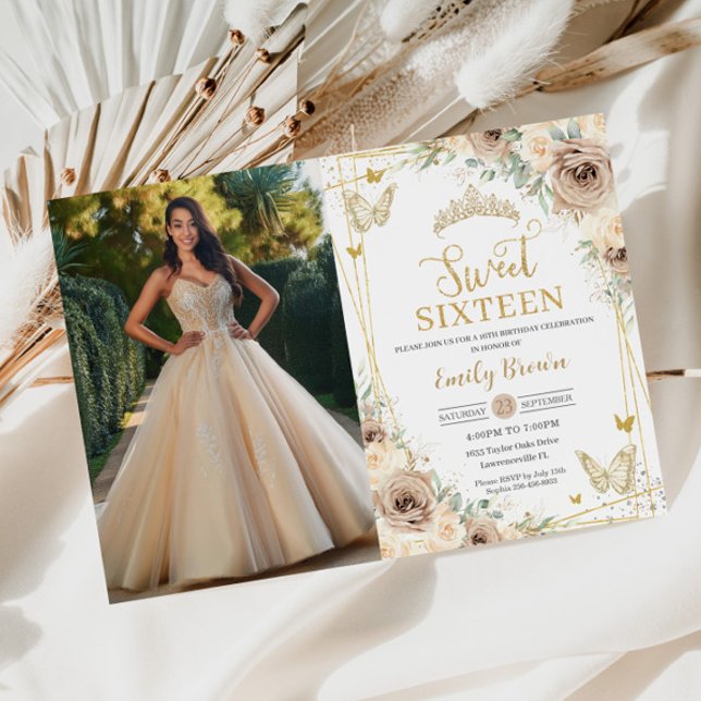Sweet 16 Champagne Brown Blommigt Butterflies Phot Inbjudningar (sweet sixteen 16 birthday champagne gold beige brown floral flowers roses butterflies invitations)