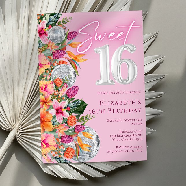 Sweet 16 Colorful Tropical Flowers Disco Birthday Inbjudningar (Skapare uppladdad)