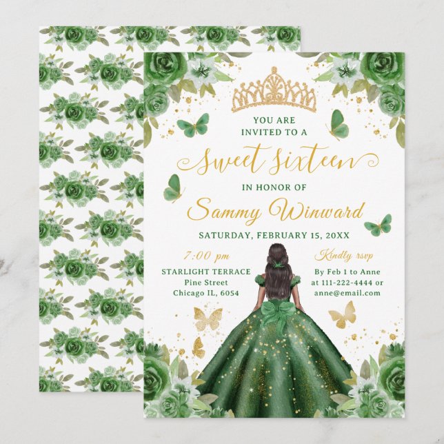 Sweet 16 Dark Green Princess African American Girl Inbjudningar (Fram/baksida)