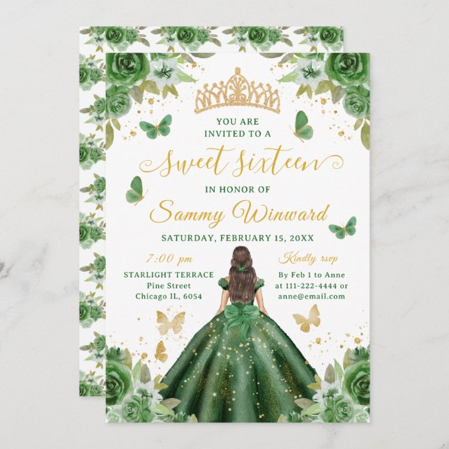 Sweet 16 Dark Green Princess Brunette Girl Inbjudningar (Fram/baksida)