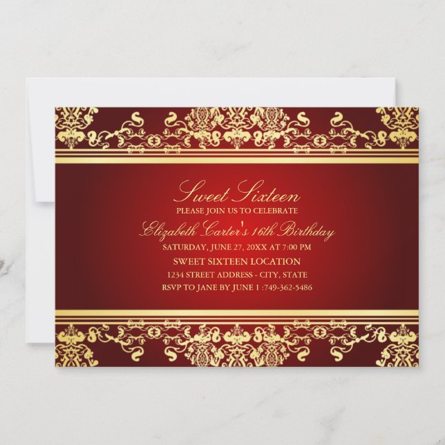 Sweet 16 | Elegant röd & guld Damask-inbjudan Inbjudningar (Framsida)