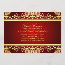 Sweet 16 | Elegant röd & guld Damask-inbjudan Inbjudningar