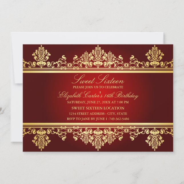 Sweet 16 | Elegant röd & guld Damask-inbjudan Inbjudningar (Framsida)