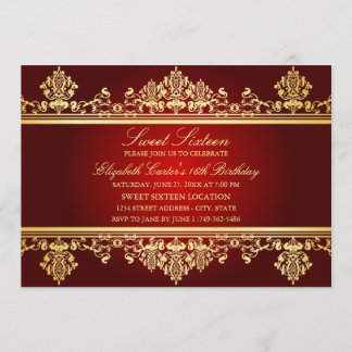 Sweet 16 | Elegant röd & guld Damask-inbjudan Inbjudningar