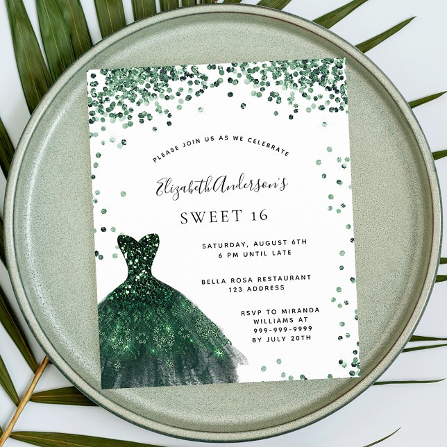 Sweet 16 emerald grönt dress glitter glamous inbjudan vykort (Skapare uppladdad)