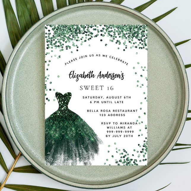 Sweet 16 emerald grönt dress glitter glamous inbjudningar (Skapare uppladdad)