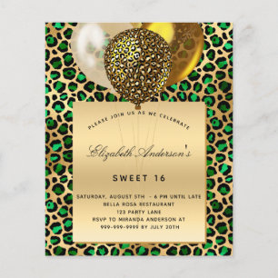 Sweet 16 emerald grönt leopard ballonginbjudan