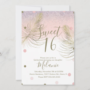 Sweet 16 Falska Glitterprickar Guld Fjäder Rosa Inbjudningar