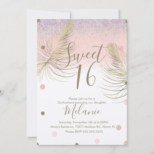 Sweet 16 Faux Glitter Dots Guld Feather Rosa Kraft Inbjudningar (Framsida)
