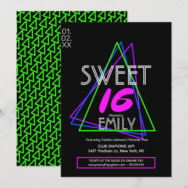 Sweet 16 Flyer Klubbtema Geometrisk Neon Inbjudningar (Fram/baksida)