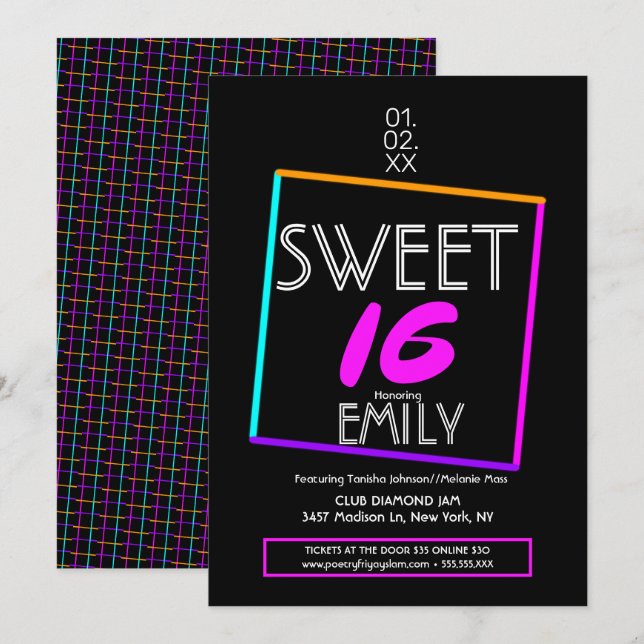 Sweet 16 Flyer Klubbtema Geometrisk Neon  Inbjudningar (Fram/baksida)