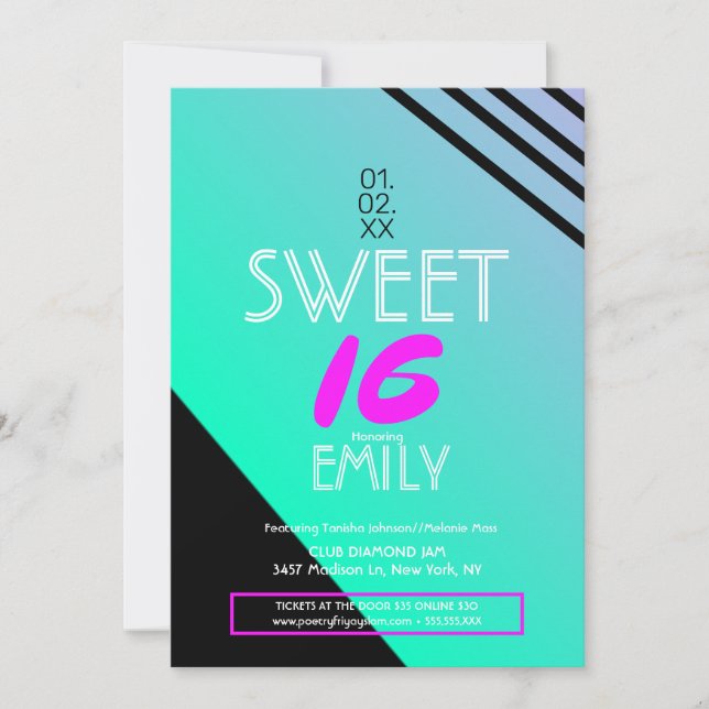 Sweet 16 Flyer Klubbtema Geometriska Neonränder Inbjudningar (Framsida)