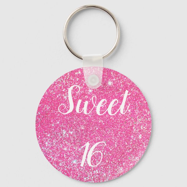 SWEET 16 Födelsedag Glitter Rosa Glitter Nyckelring (Framsida)