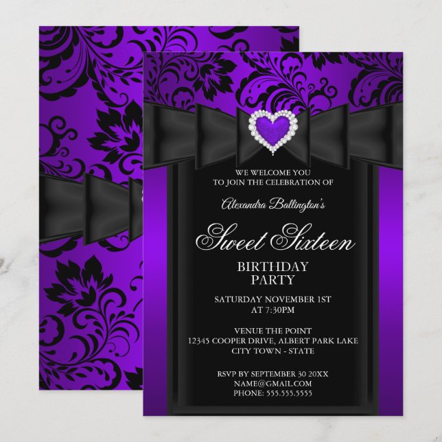 Sweet 16 Födelsedagsfest Lila Heart Damask Inbjudningar (Fram/baksida)