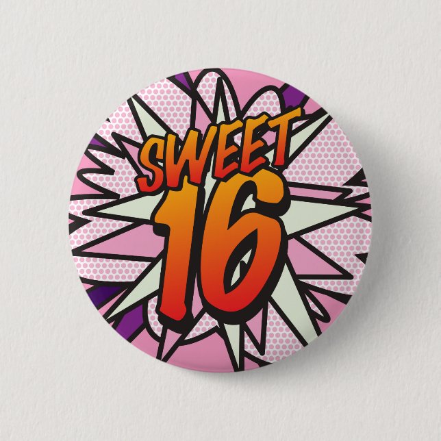 SWEET 16 Födelsedagsfest Retro Serietidning Knapp (Framsida)