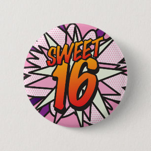 SWEET 16 Födelsedagsfest Retro Serietidning Knapp