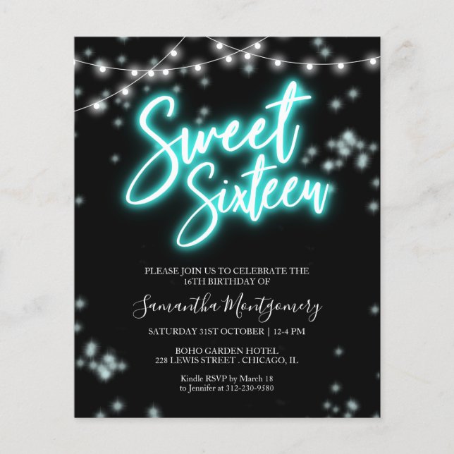 Sweet 16 Födelsedagsinbjudan Teal Neon Glow Budget (Framsida)