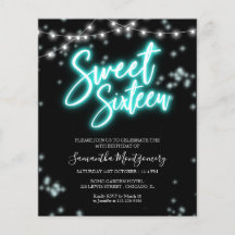 Sweet 16 Födelsedagsinbjudan Teal Neon Glow Budget