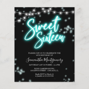 Sweet 16 Födelsedagsinbjudan Teal Neon Glow Budget