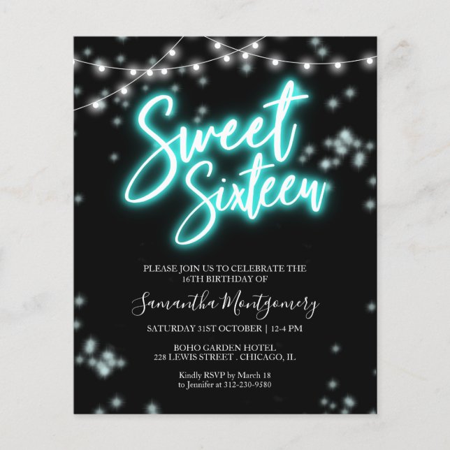 Sweet 16 Födelsedagsinbjudan Teal Neon Glow Budget (Framsida)