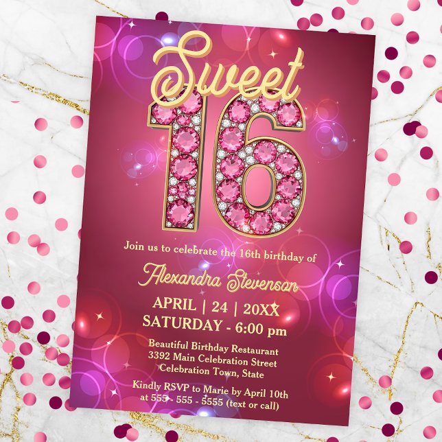 Sweet 16 Gemstone Gnistra Rosa and Lila Bokeh Inbjudningar (Skapare uppladdad)