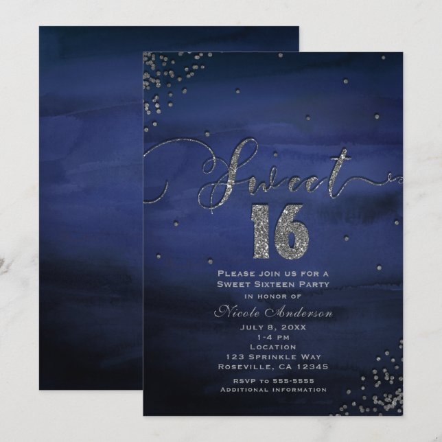 SWEET 16 Glam Modern Watercolor Blue Silver Party Inbjudningar (Fram/baksida)