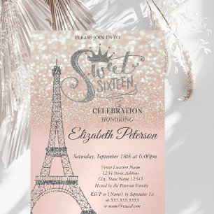 Sweet 16 Glitter Bokeh Ombre, Eiffeltornet Sweet 1 Inbjudningar