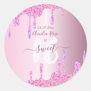 Sweet 16 Glitter Drips Rosa Metallic Birthday Pap Runt Klistermärke