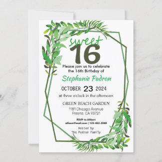 Sweet 16 Greenery Geometric Modern 16:e födelsedag Inbjudningar