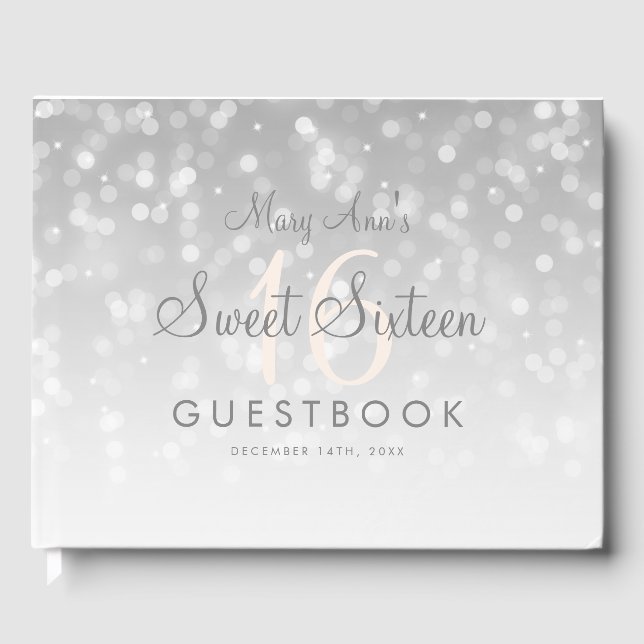 Sweet 16 Guestbook Silver Bokeh Gnistra Light Gästböcker (Framsida)
