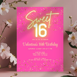  Sweet 16 Hot Pink Neon Glow Gold Glitter Birthday Inbjudningar