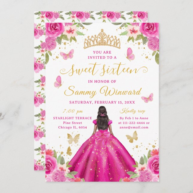Sweet 16 Hot Pink Princess African American Girl Inbjudningar (Fram/baksida)