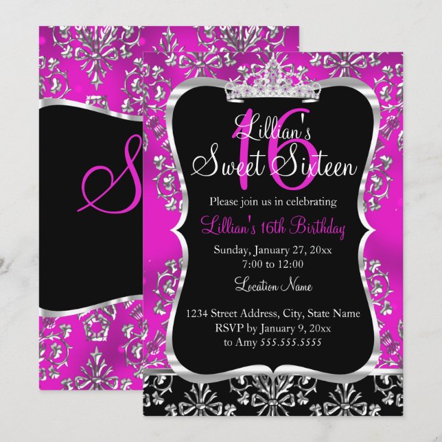 Sweet 16 Hot Pink Svart Damask Tiara Inbjudan (Fram/baksida)