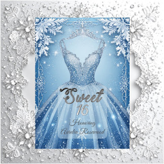 Sweet 16 Icy Blue Silver Winter Frost Snowflakes  Inbjudningar